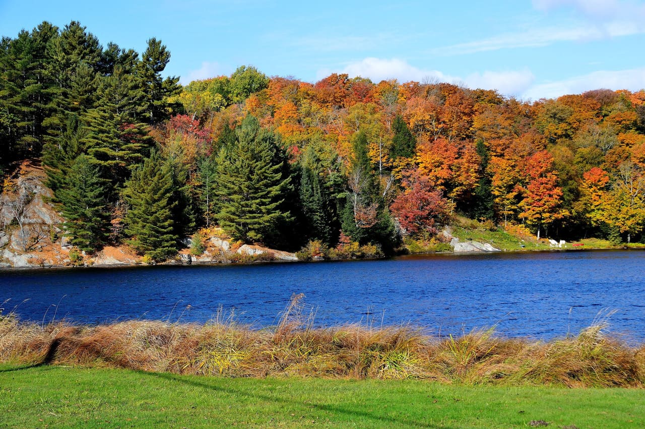Red, orange and gold maples above a deep blue lake near Huntsville in Muskoka.