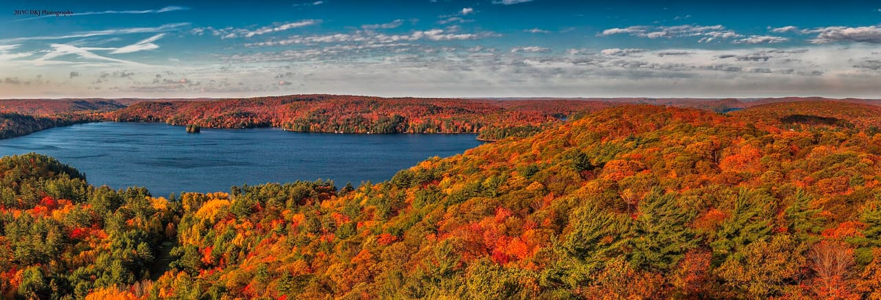 Lake of Bays and forested hills in full autumn colour, seen from the Dorset Lookout Tower.
