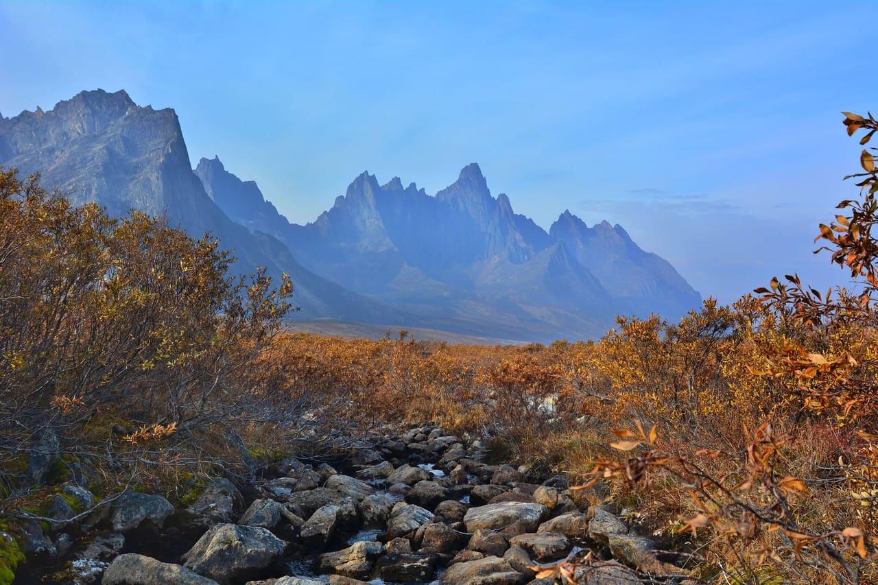 The jagged spires of Tombstone Mountain above autumn tundra in Tombstone Territorial Park.